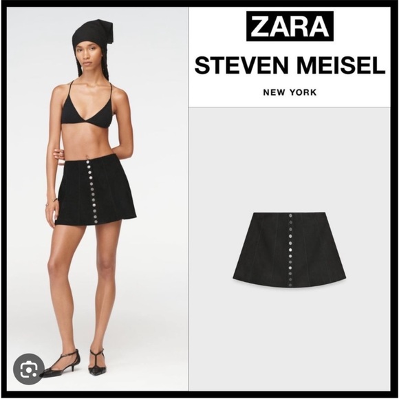 Zara Leather Suede Mid rise Mini Skirt STEVEN MEISEL Black button M NWT $230 - Picture 4 of 16